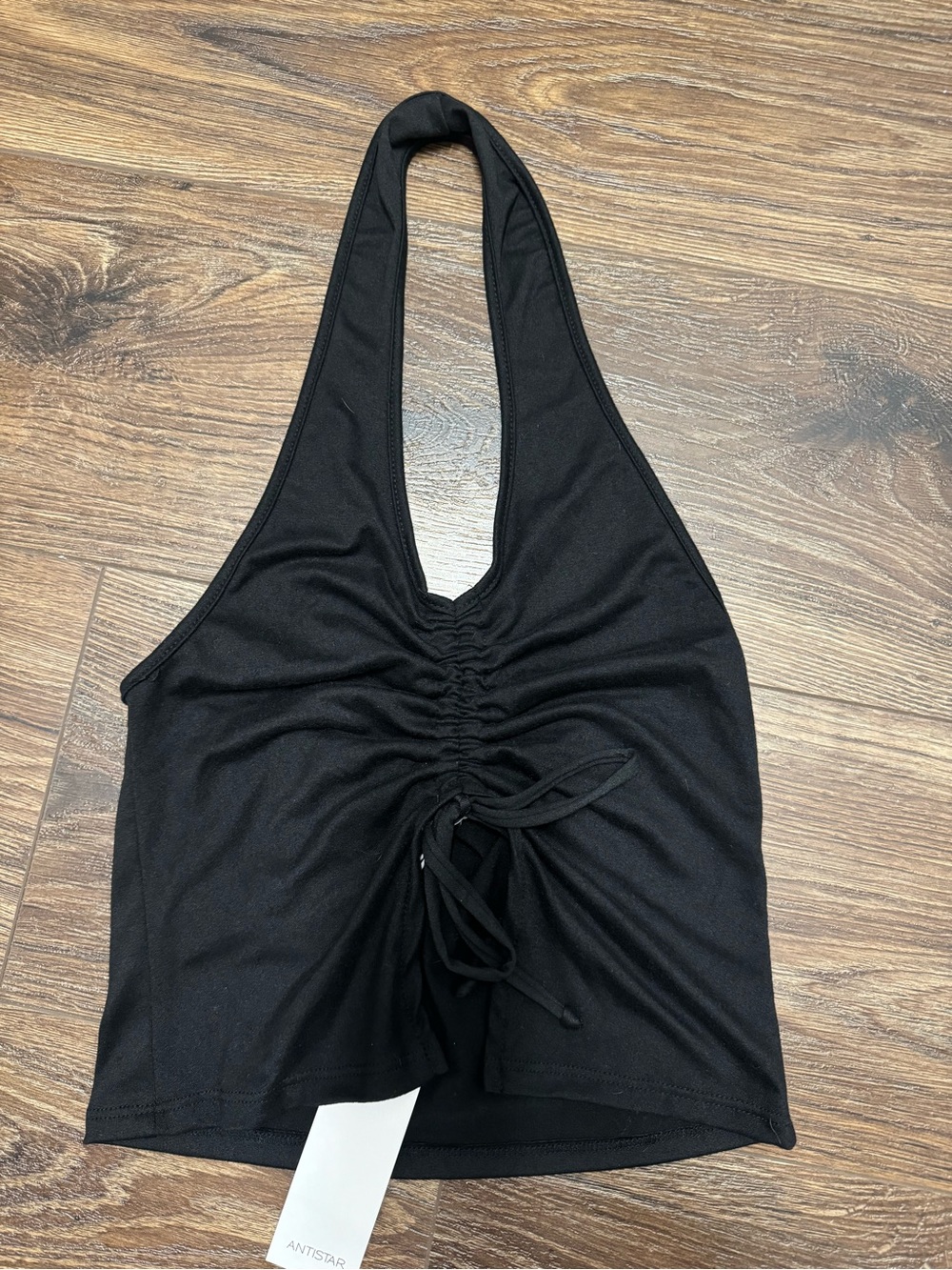 Antistar Black Halter Ruched Tie-Front Crop Top